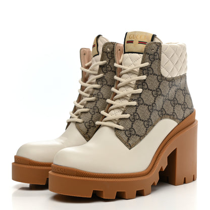 Gucci Calfskin GG Supreme Monogram Nappa Quilted Lace Up Ankle Boots 38.5 Mystic White Beige 3 of 14