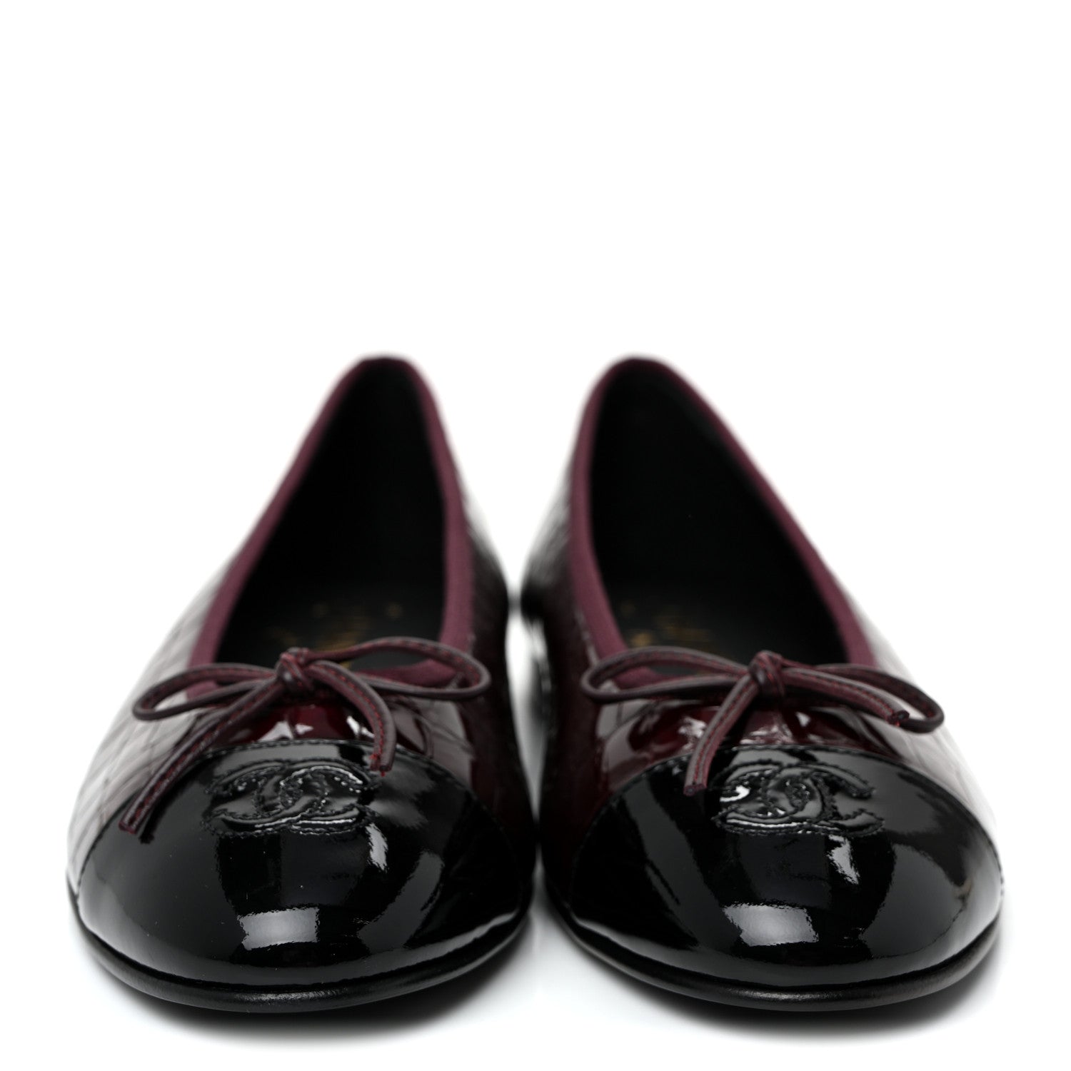 Chanel Patent Calfskin Crocodile Embossed Cap Toe CC Ballerina Flats 39.5 Dark Burgundy Black 2 of 8