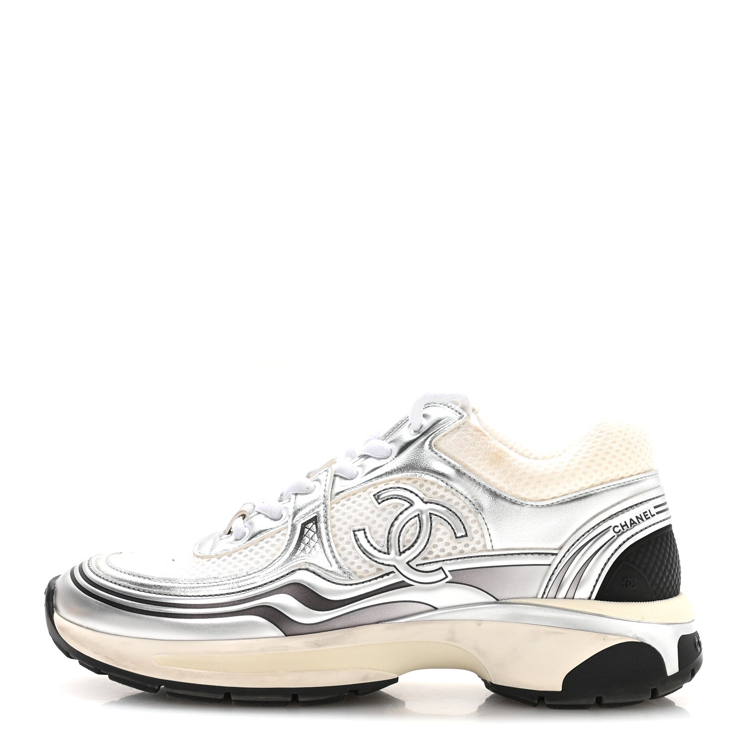 Chanel Fabric Laminated Calfskin Stretch CC Womens Sneakers 37.5 White Silver 1 of 8