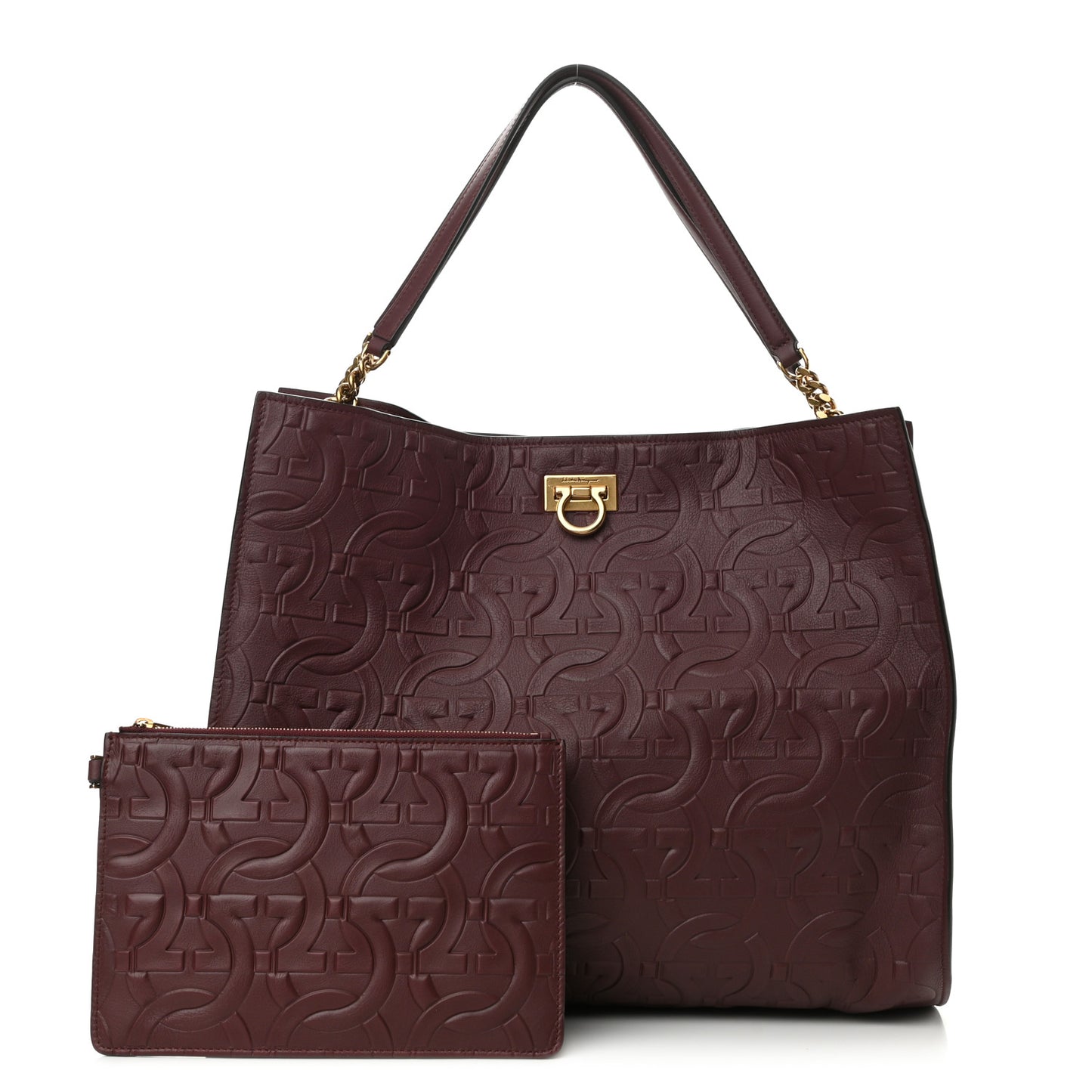 Calfskin Gancini Embossed Trifolio Tote Bag Burgundy