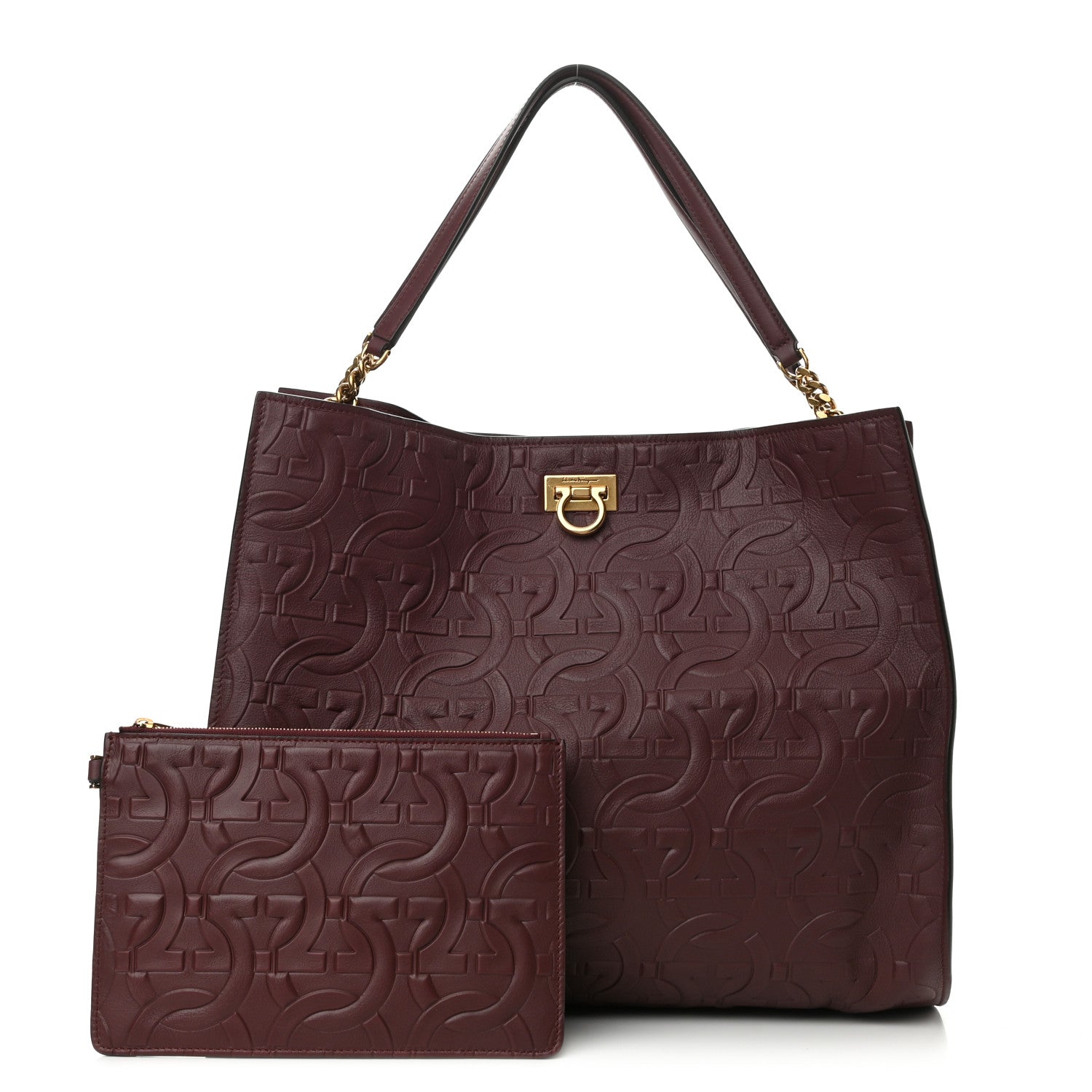 Salvatore Ferragamo Calfskin Gancini Embossed Trifolio Tote Bag Burgundy 1 of 7