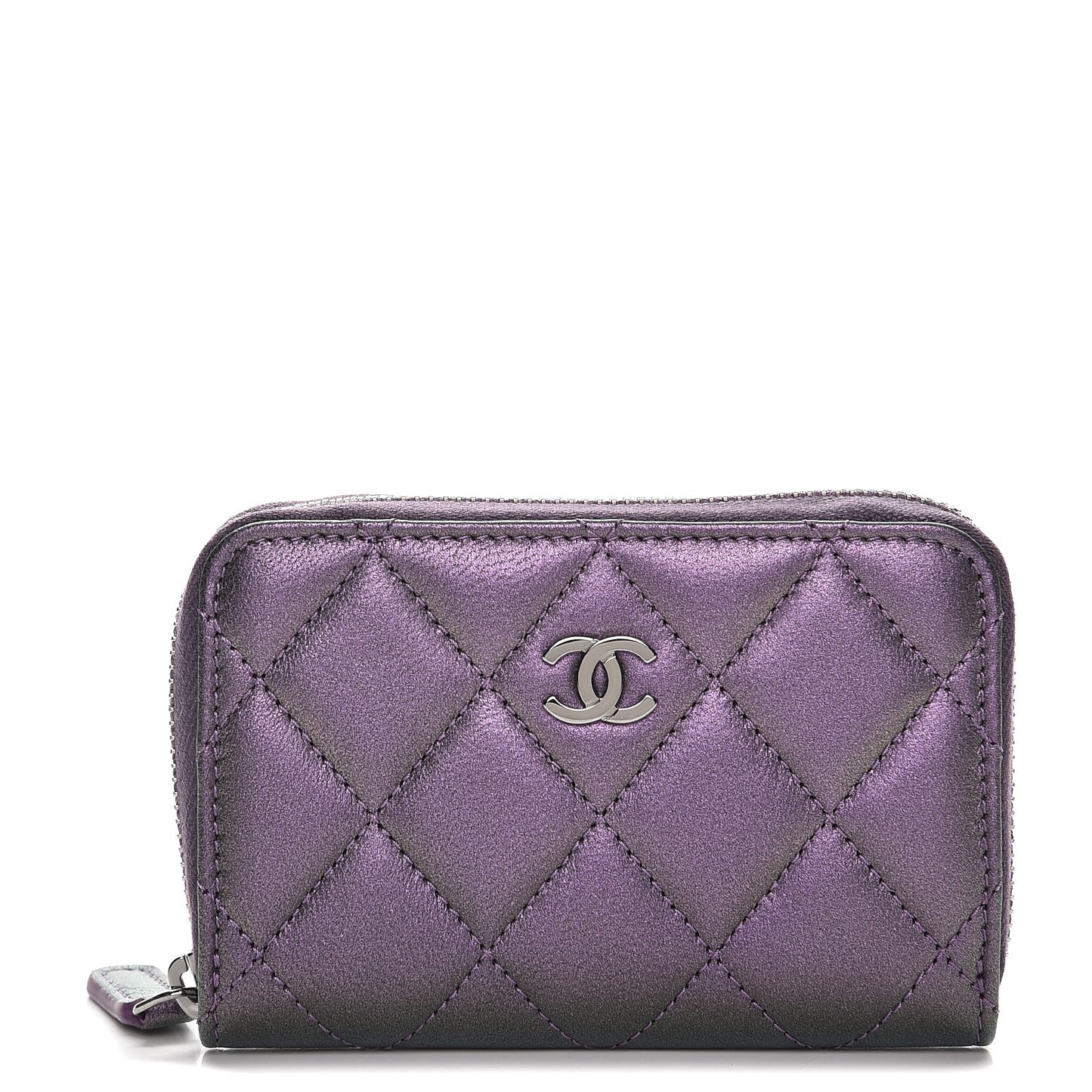 Metallic Lambskin Quilted Zip Around Coin Purse Wallet Purple