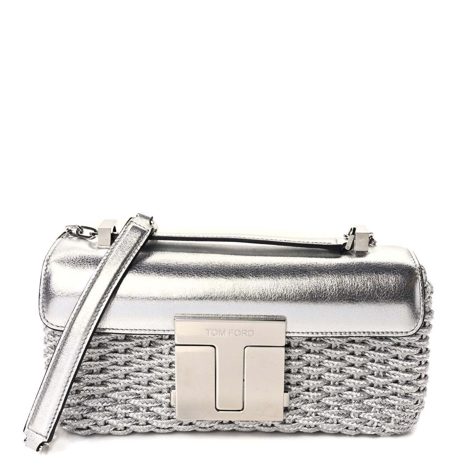 Tom Ford Calfskin Woven Satin Medium 001 Chain Shoulder Bag Silver 1 of 9