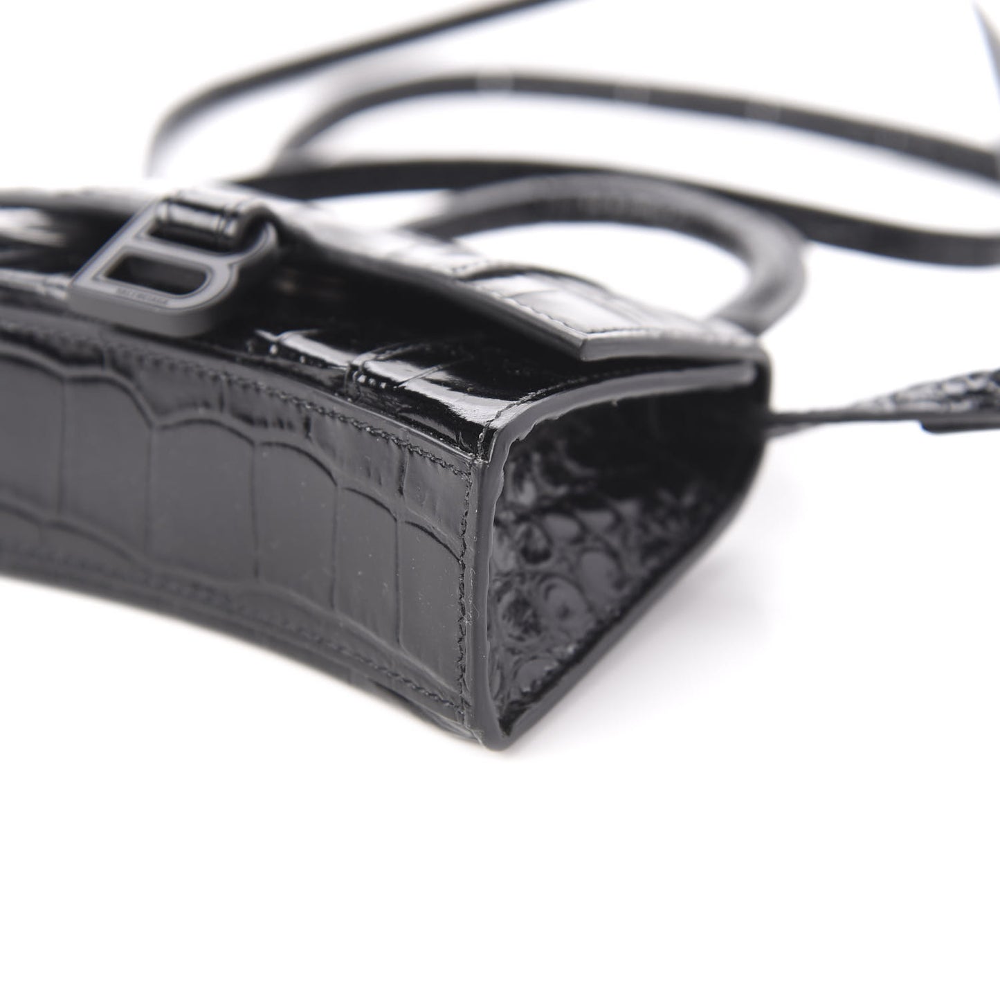 Shiny Calfskin Monochrome Crocodile Embossed Hourglass Top Handle Bag Mini Black