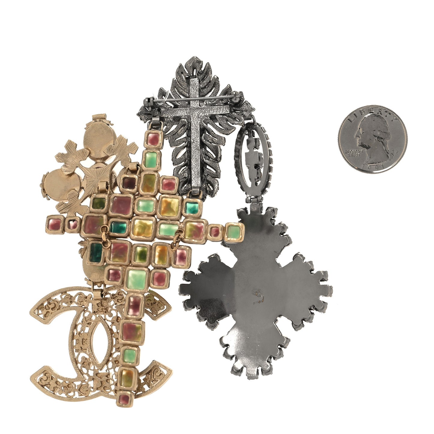 Crystal Gripoix CC Cross Charms Brooch Gold Ruthenium Multicolor