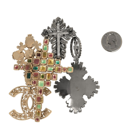 Chanel Crystal Gripoix CC Cross Charms Brooch Gold Ruthenium Multicolor 2 of 4