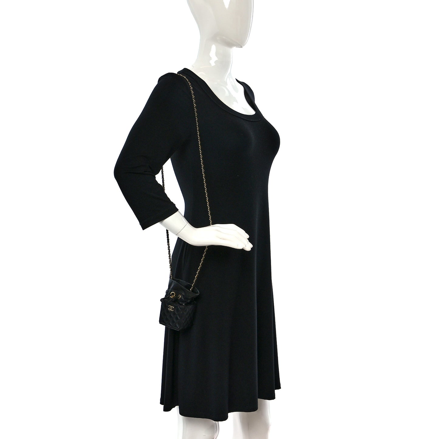 Calfskin Quilted Mini Drawstring Bucket Bag Black