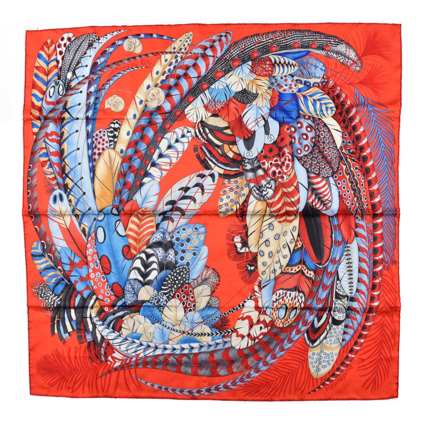 Silk Plumes En Fete Scarf 90 Rouge Bleu Beige