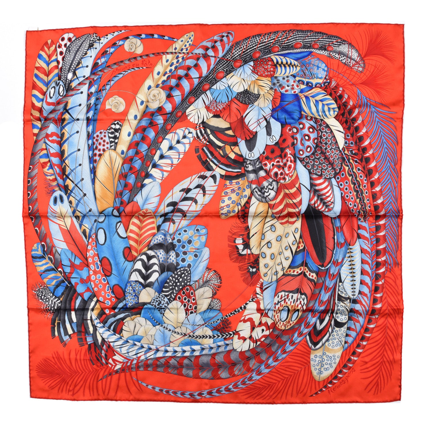 Hermes Silk Plumes En Fete Scarf 90 Rouge Bleu Beige 1 of 5