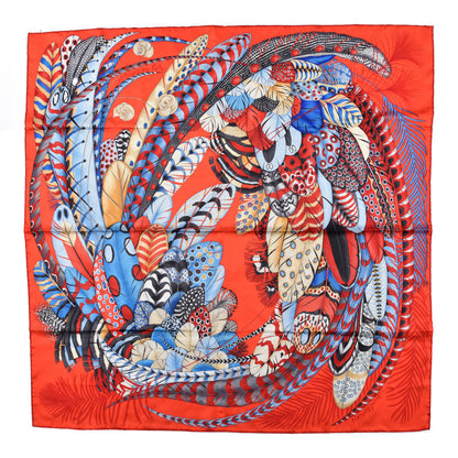 Hermes Silk Plumes En Fete Scarf 90 Rouge Bleu Beige 1 of 5