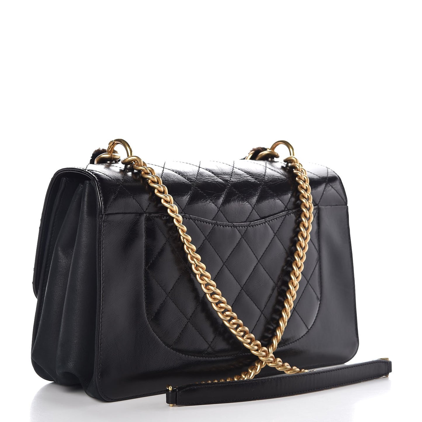 Iridescent Calfskin Quilted Straight Lined Flap Black