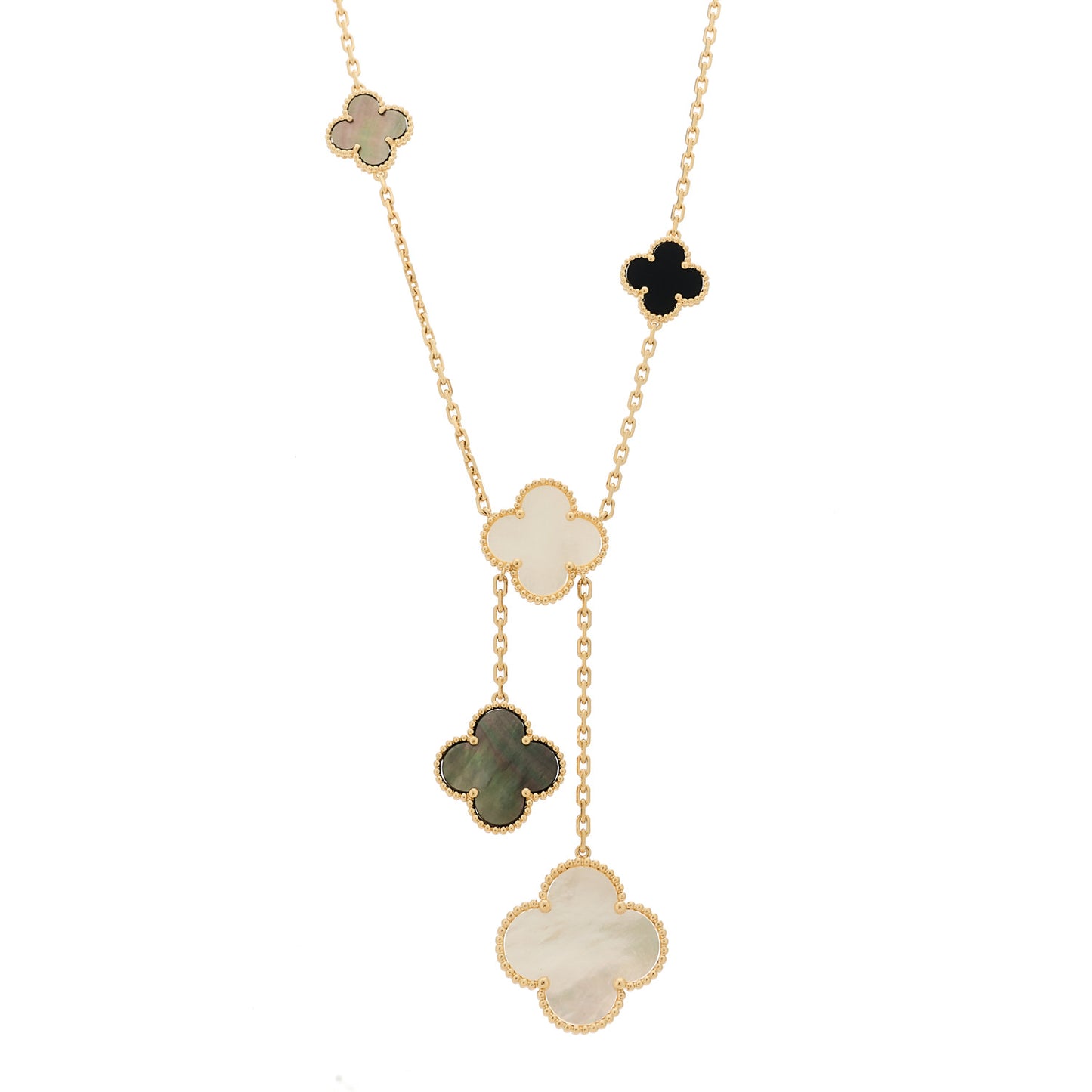 18K Yellow Gold Mother of Pearl Onyx 6 Motifs Magic Alhambra Necklace