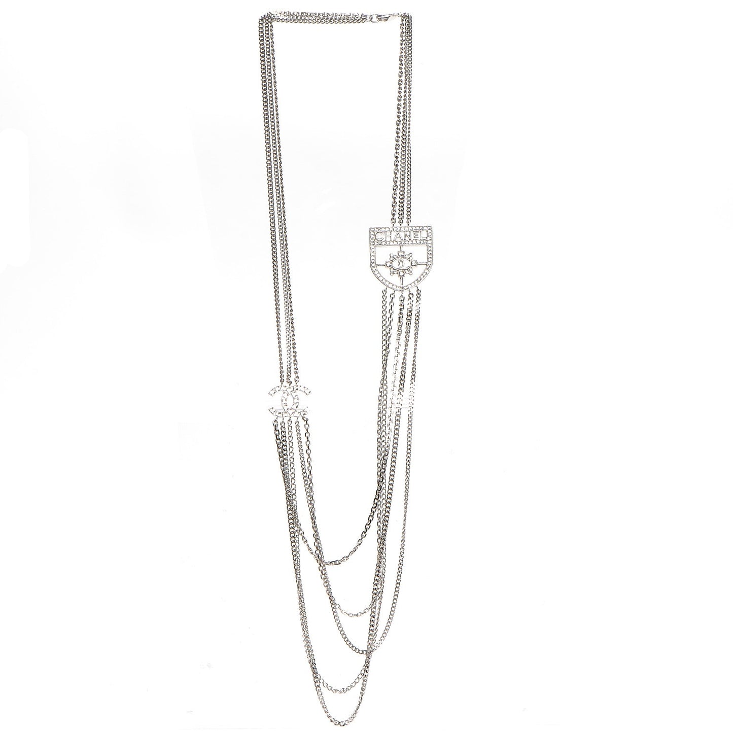 Baguette Crystal CC Shield Multi Strand Long Chain Necklace Silver
