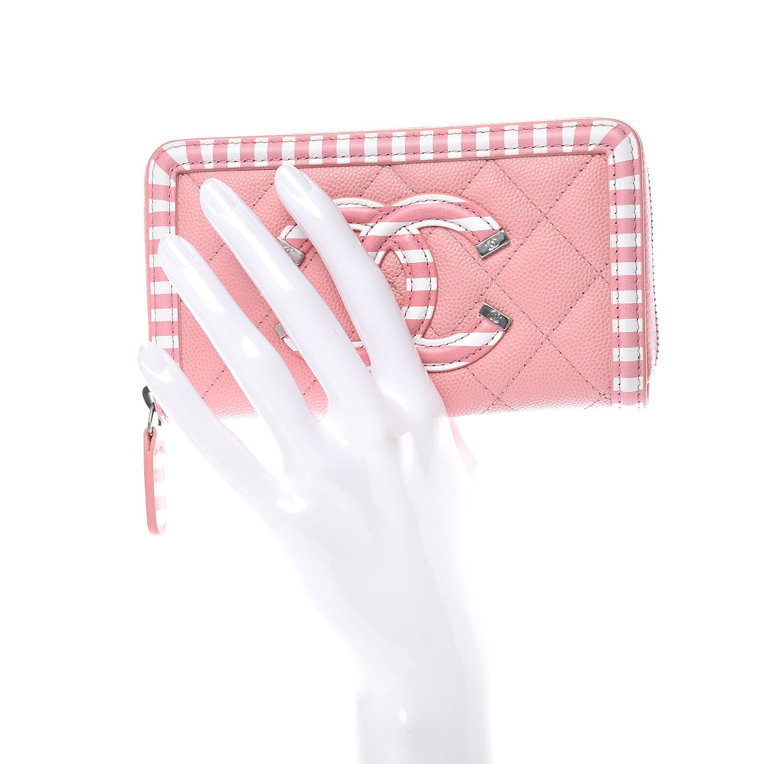 Chanel Caviar Quilted Medium Stripe Filigree Zip Around Wallet Pink White 2 of 9