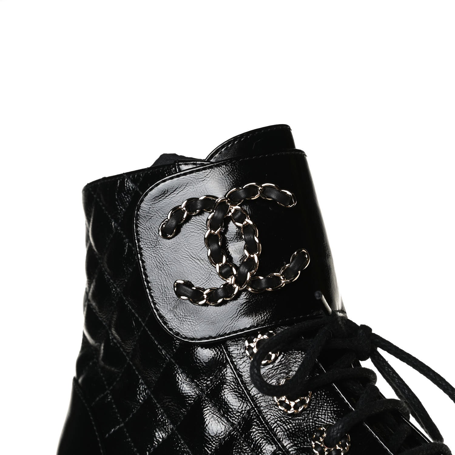Chanel Shiny Calfskin Quilted Lace Up Combat Boots 35.5 Black 11 of 13