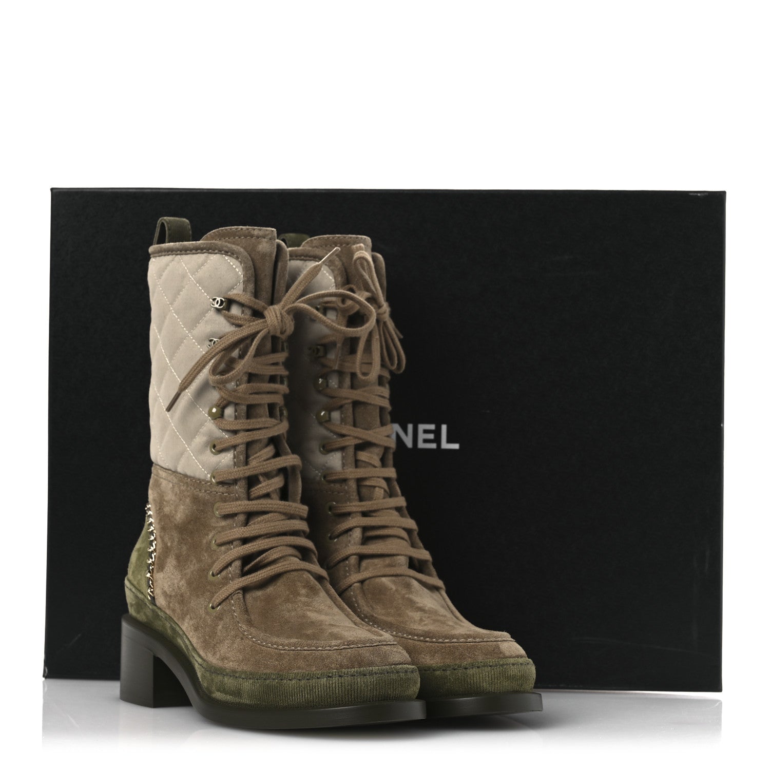Chanel Suede Calfskin Cotton Quilted CC Chain Combat Boots 39 Light Grey Brown Khaki 12 of 12