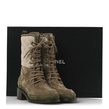 Chanel Suede Calfskin Cotton Quilted CC Chain Combat Boots 39 Light Grey Brown Khaki 12 of 12