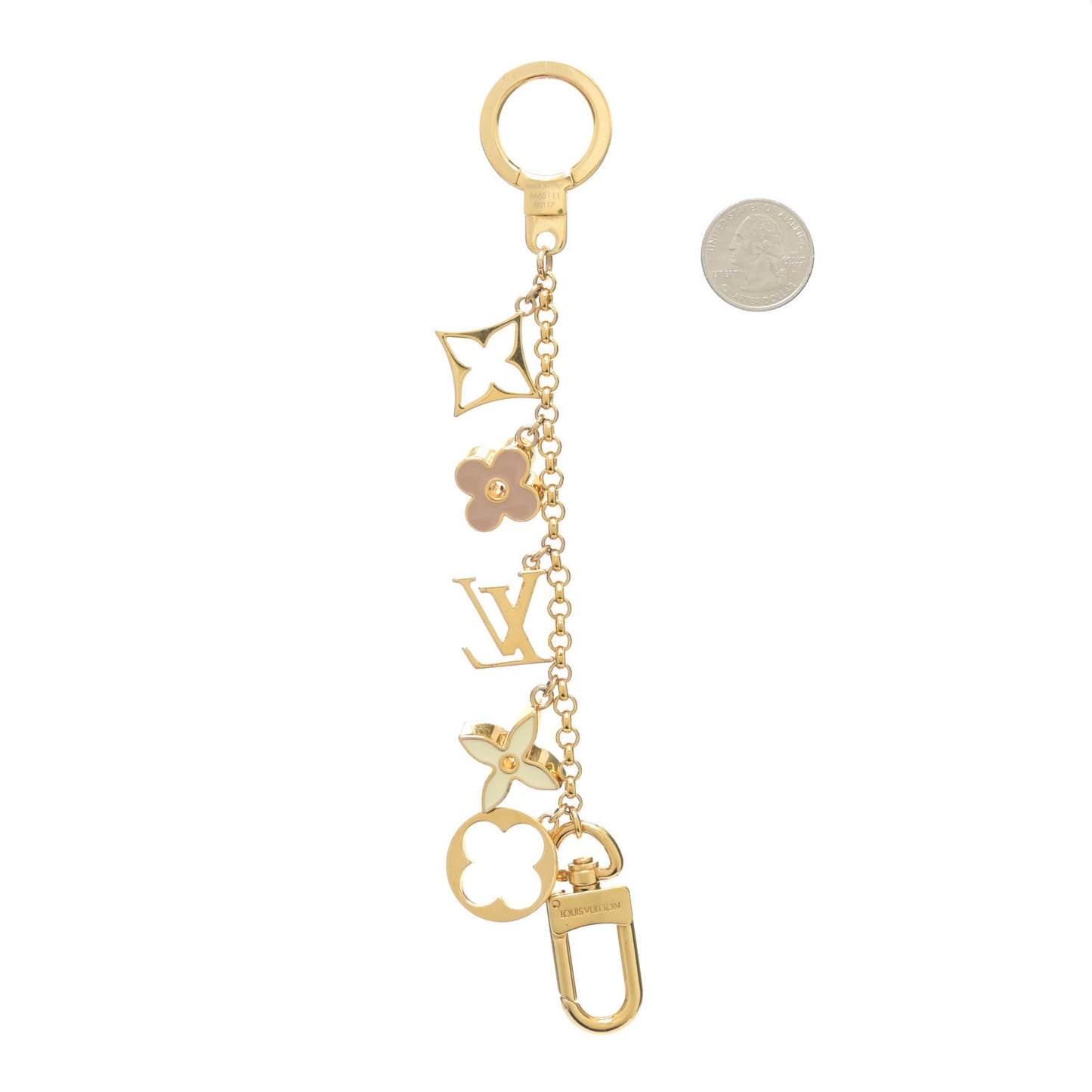 Brass Enamel Fleur De Monogram Bag Charm Chain Gold