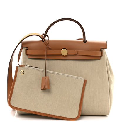 Hermes Military Toile Vache Hunter Herbag Zip Retourne 31 PM Beton Naturel 3 of 11