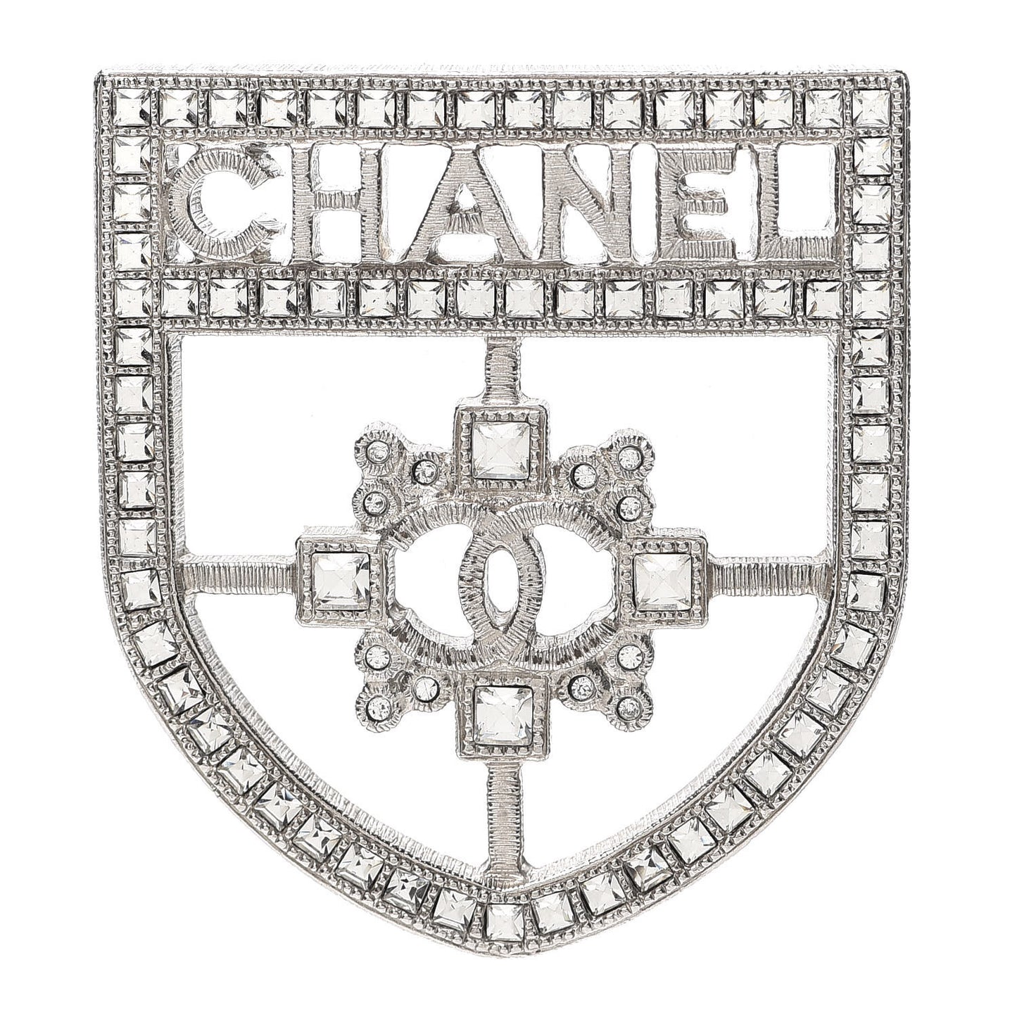 Swarovski Baguette Crystal CC Shield Brooch Silver