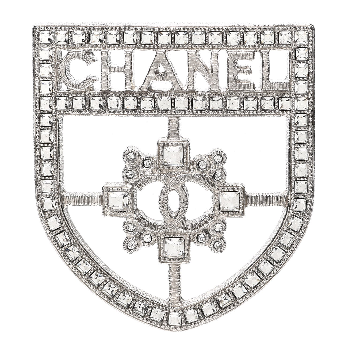 Chanel Swarovski Baguette Crystal CC Shield Brooch Silver 1 of 4