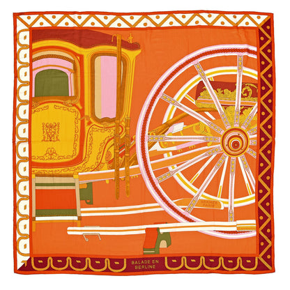 Hermes Cashmere Silk Balade En Berline Shawl 140 Orange Soleil Vert 1 of 4