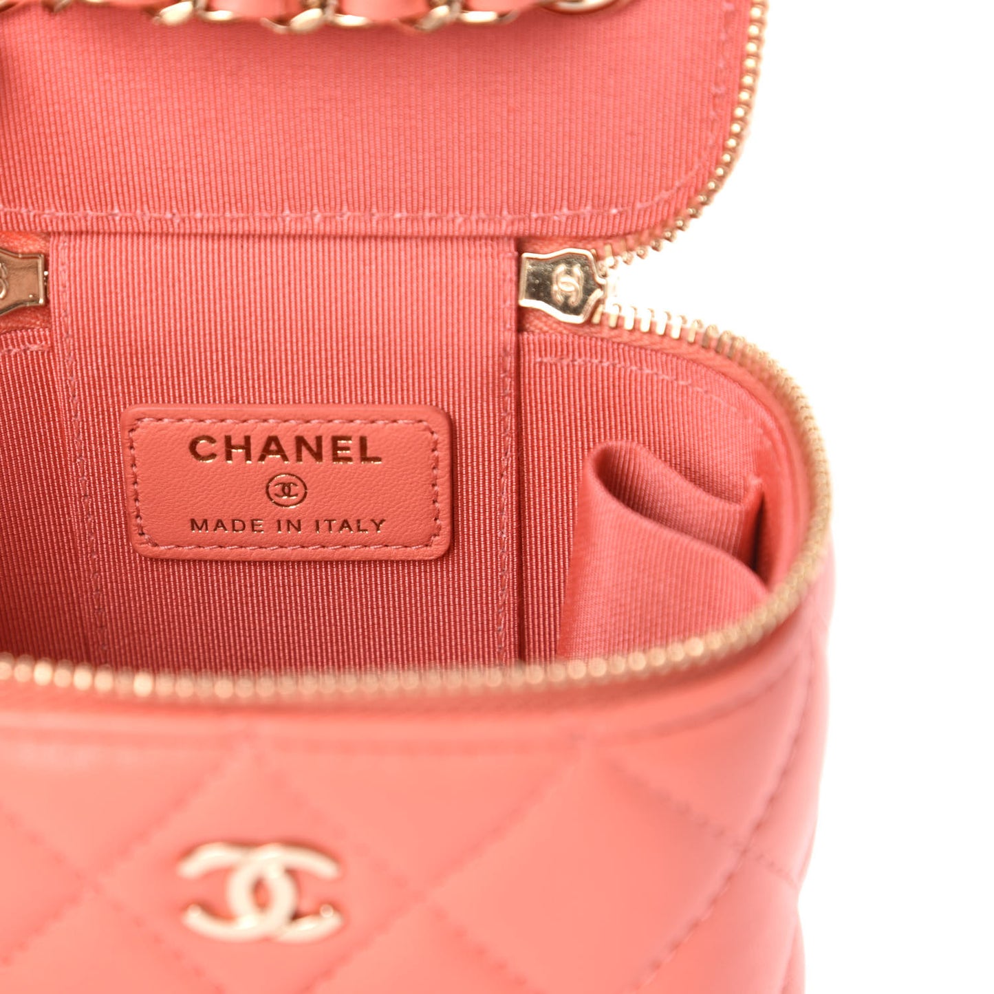 Lambskin Quilted Mini Vanity Case With Chain Coral
