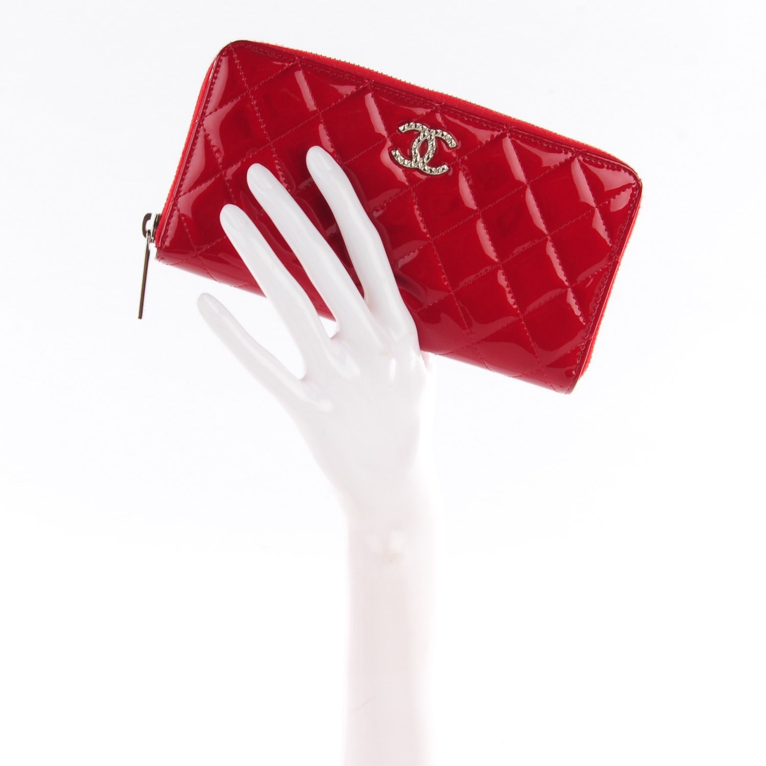 Chanel Patent Quilted Brilliant Zip Around Wallet Red 2 of 9