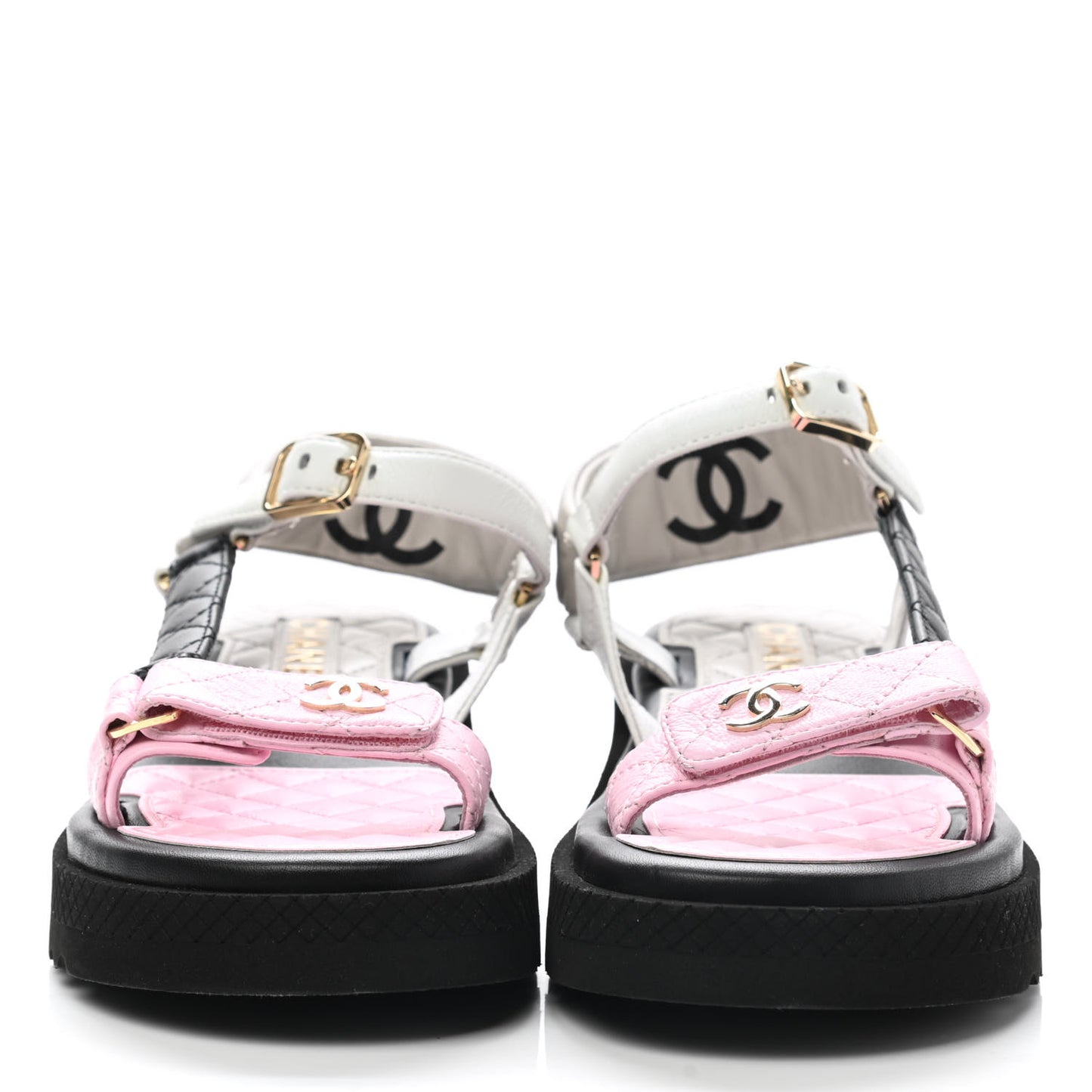 Lambskin Quilted CC Logo Platform Sandals 37.5 Black White Pink