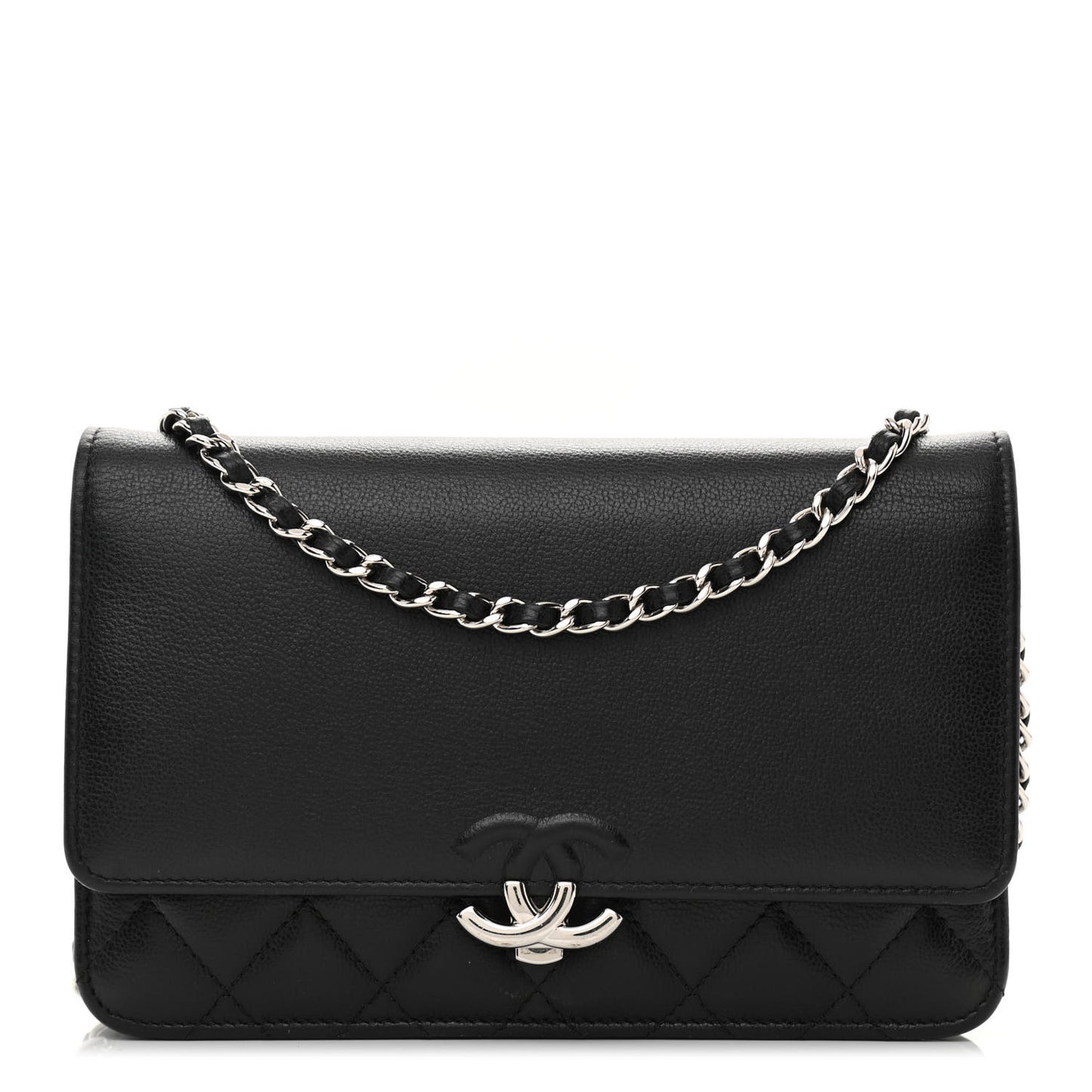 Grained Calfskin Quilted CC Box Wallet On Chain WOC Black