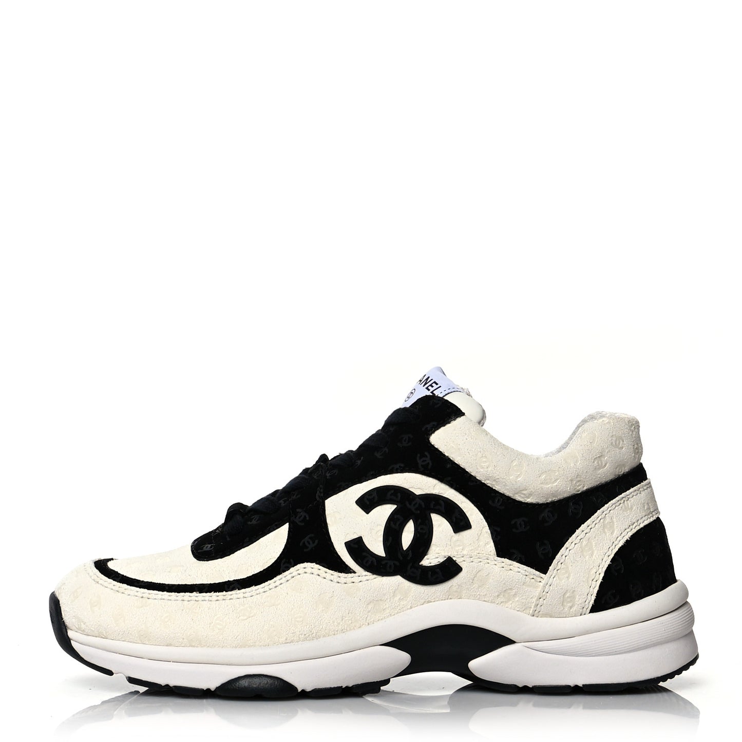 Suede Calfskin Womens CC Printed Sneakers 38.5 White Black