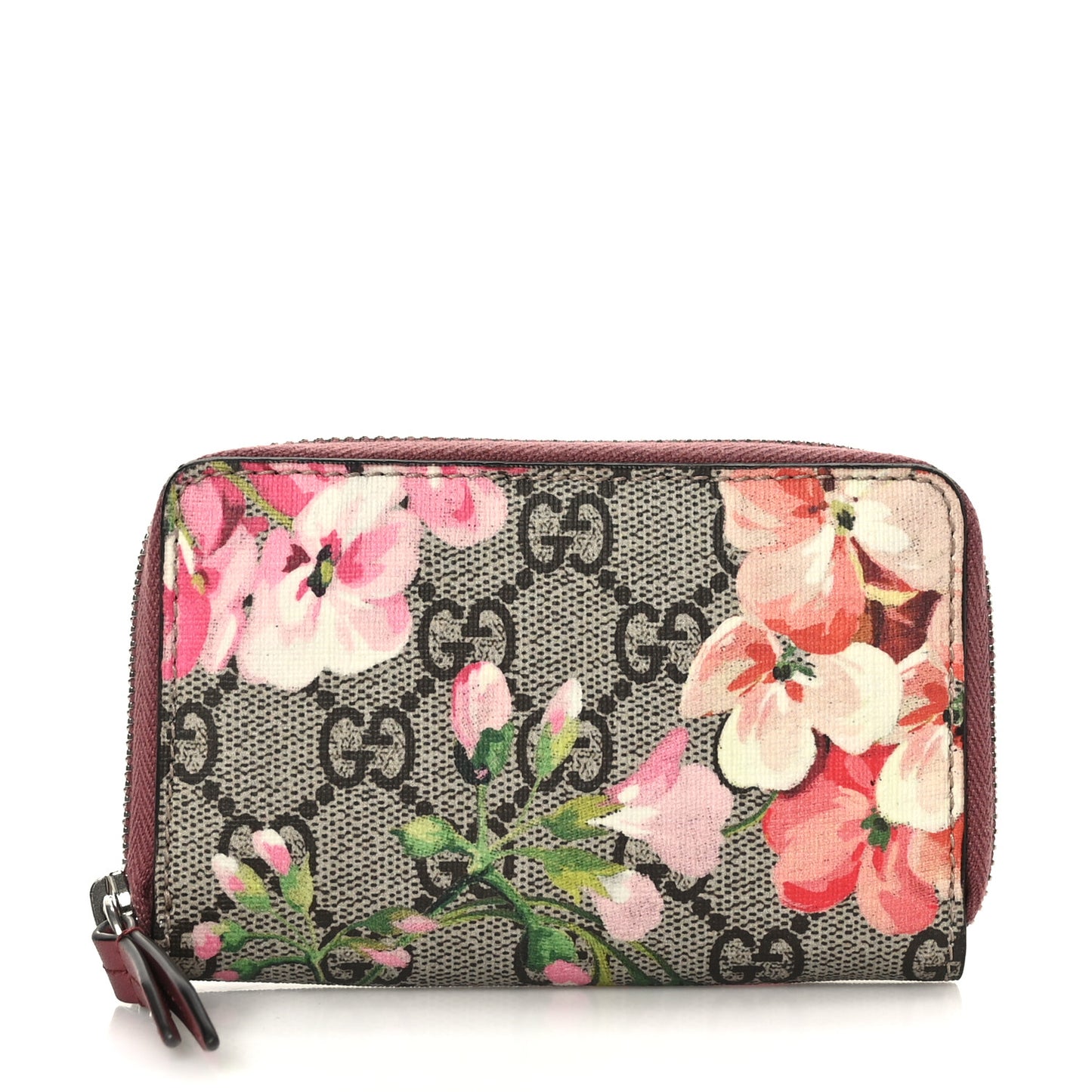 GG Supreme Monogram Blooms Zip Around Card Case Wallet Beige Multicolor Dry Rose