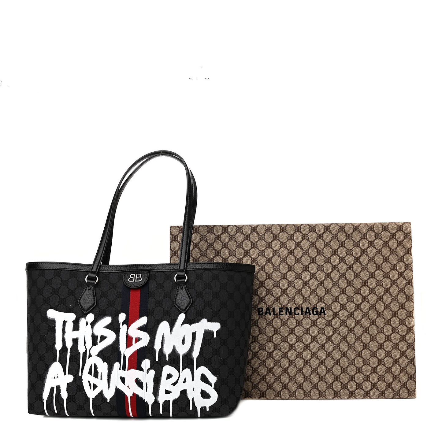 X BALENCIAGA BB Monogram Web Graffiti Medium Ophidia Shopping Tote Black