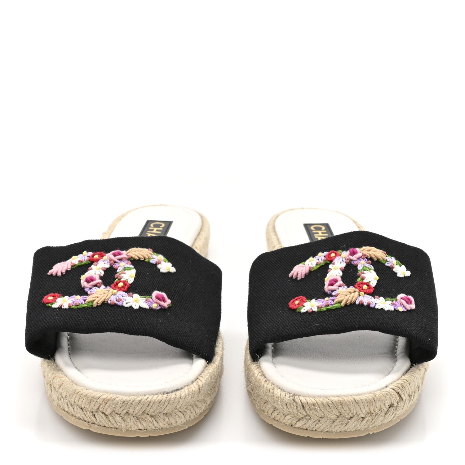 Chanel Canvas Embroidered CC Floral Espadrille Slip On Sandals 41 Black Multicolor 3 of 10