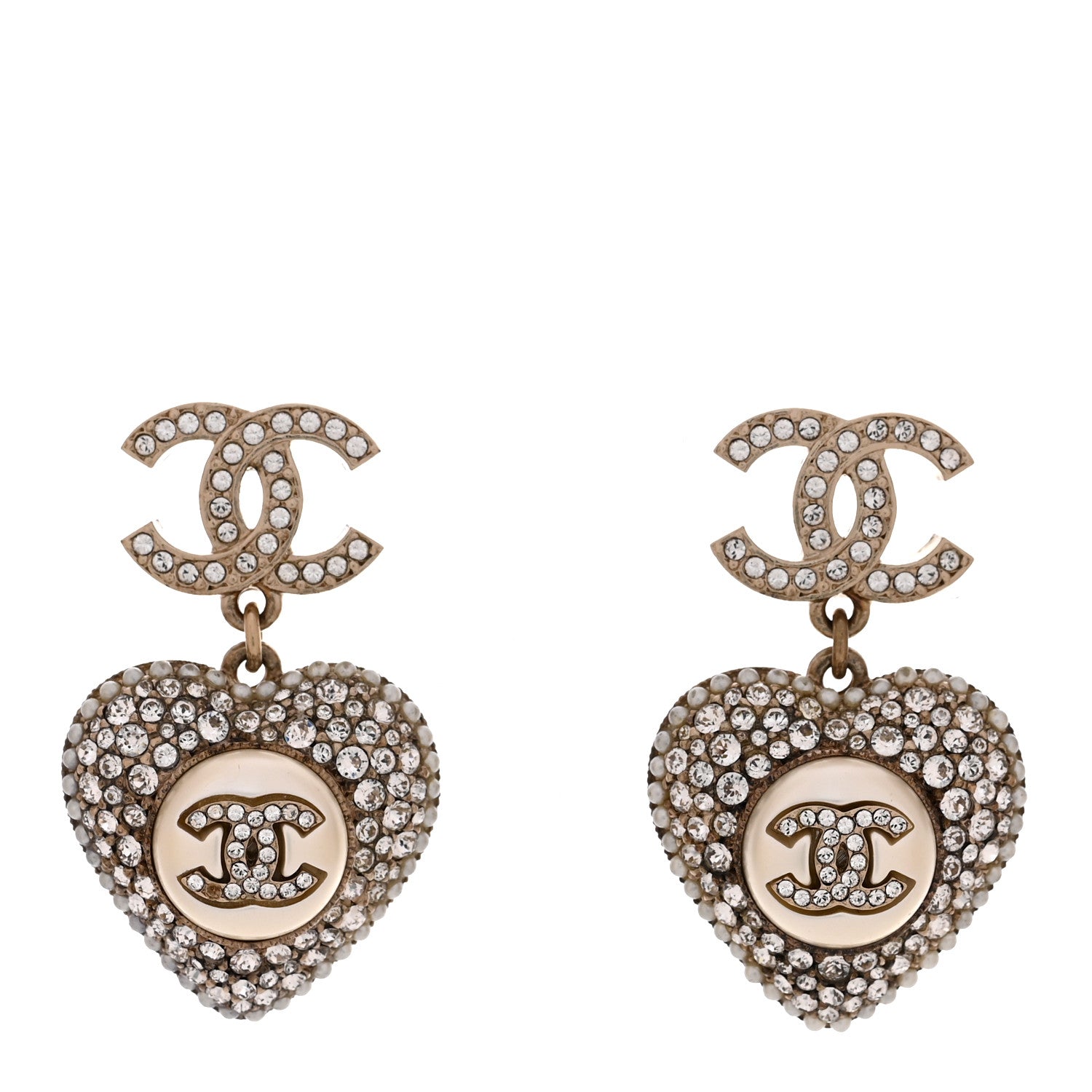 Chanel Pearl Crystal CC Heart Drop Earrings Gold White 1 of 4