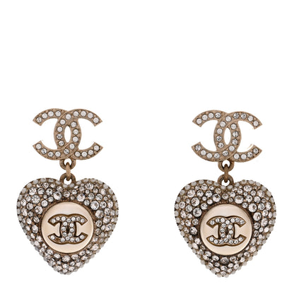 Chanel Pearl Crystal CC Heart Drop Earrings Gold White 1 of 4