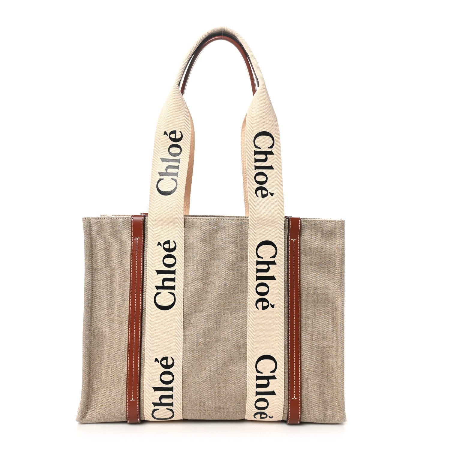 Chloe Linen Calfskin Medium Woody Ribbon Tote White Brown 1 of 9