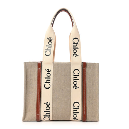 Chloe Linen Calfskin Medium Woody Ribbon Tote White Brown 1 of 9