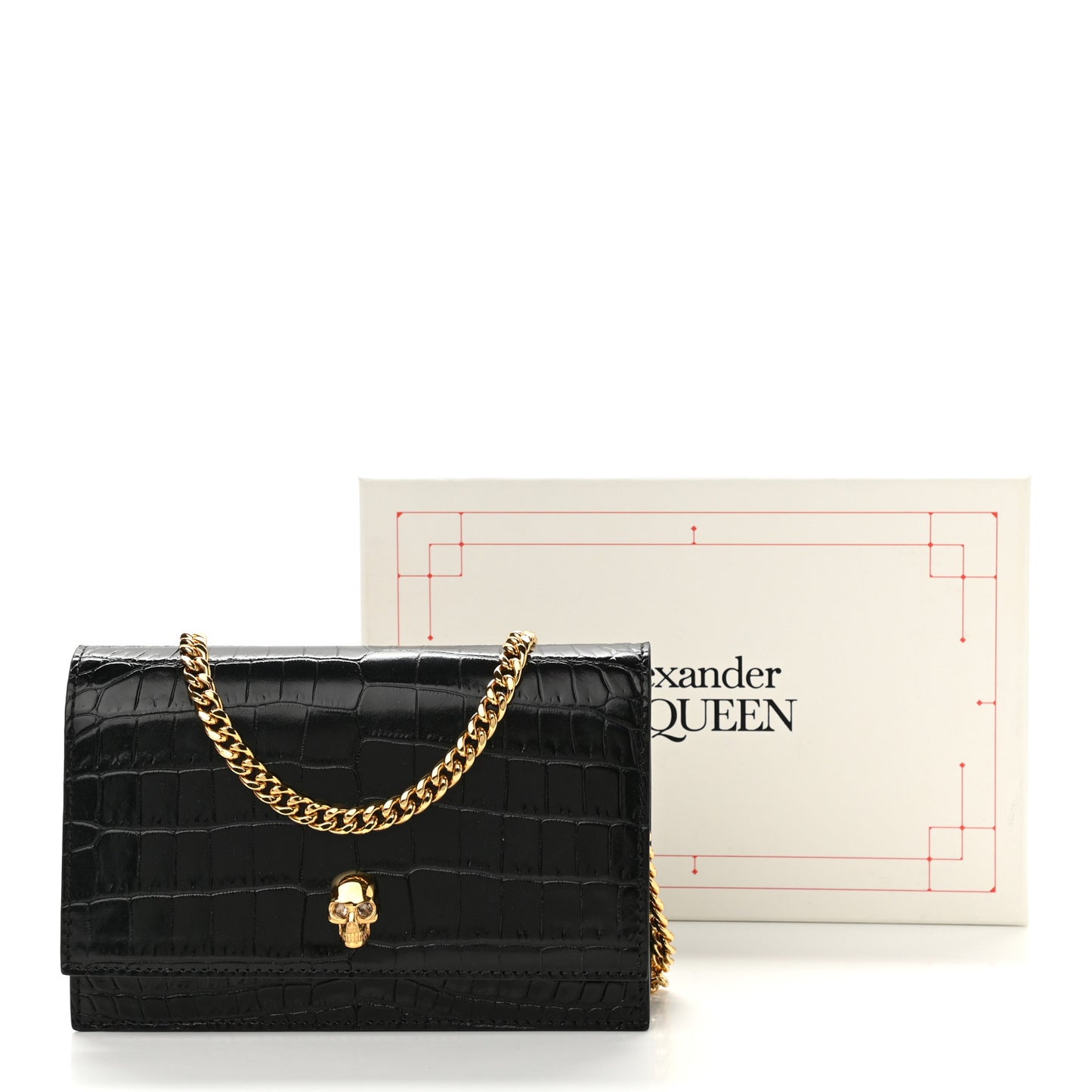 Calfskin Crocodile Embossed Skull Mini Crossbody Bag Black