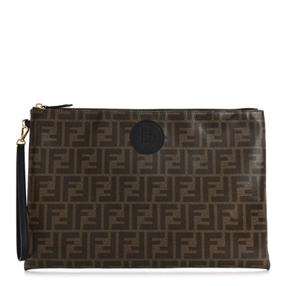 Fendi Glazed Fabric Vitello Century FF 1974 Stamp Patch Large Flat Pouch Mogano Panna Black 1 of 12