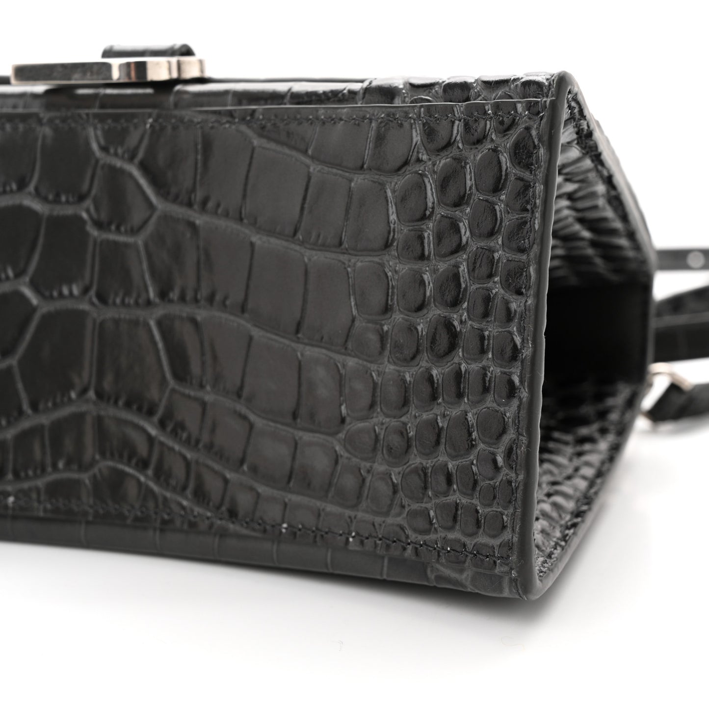 Shiny Calfskin Crocodile Embossed Small Hourglass Top Handle Bag Dark Grey