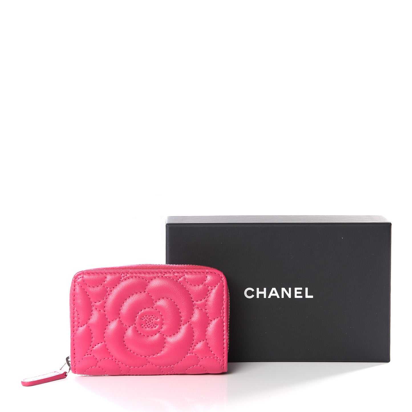 Lambskin Camellia Embossed Zip Coin Purse Fuchsia