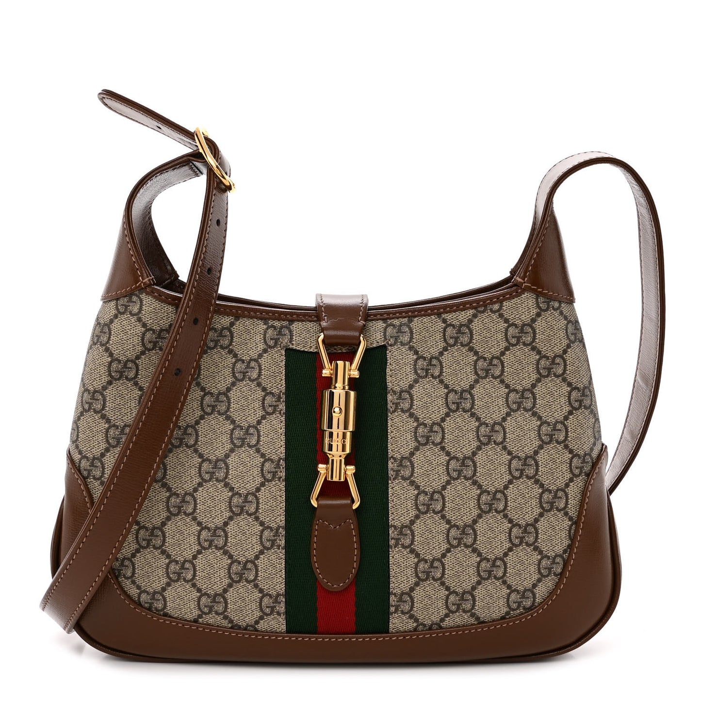 GG Supreme Monogram Azalea Calfskin Web Small Jackie 1961 Hobo Beige Ebony Brown Sugar