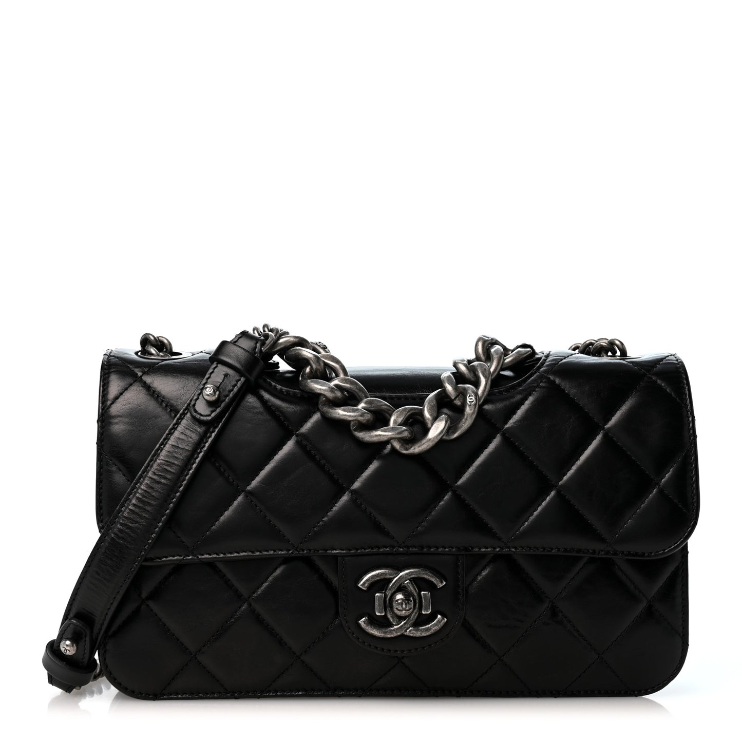 Glazed Calfskin Quilted Medium Perfect Edge Flap Black