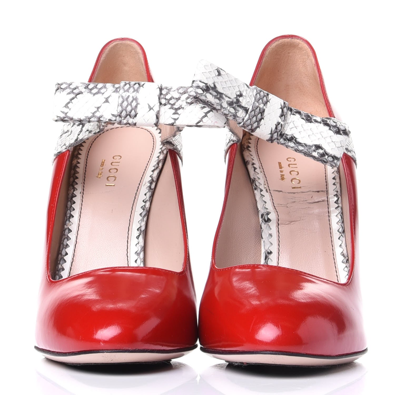 Gucci Polished Calfskin Elaphe Nimue Bow Mary Jane Pumps 38 Hibiscus Red Roccia 2 of 9