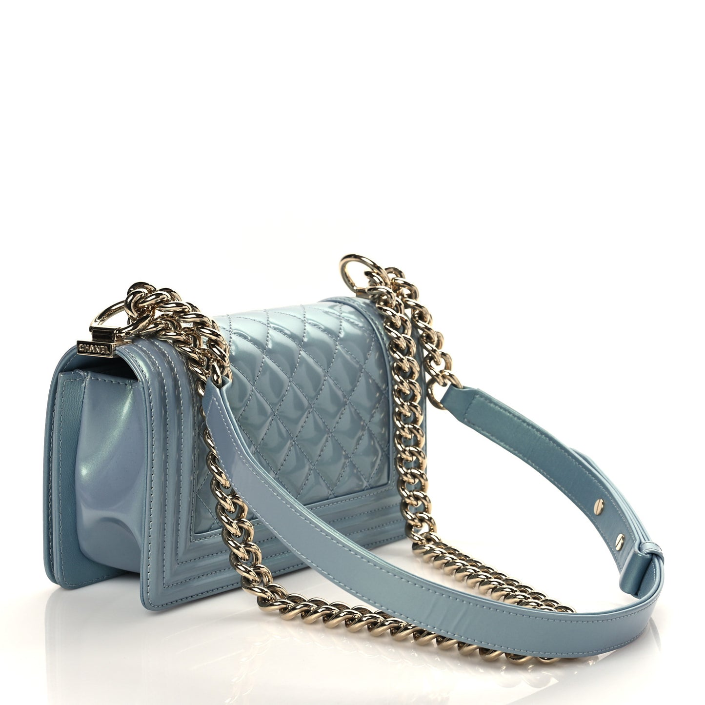 Iridescent Glazed Calfskin Quilted Small Boy Flap Light Blue