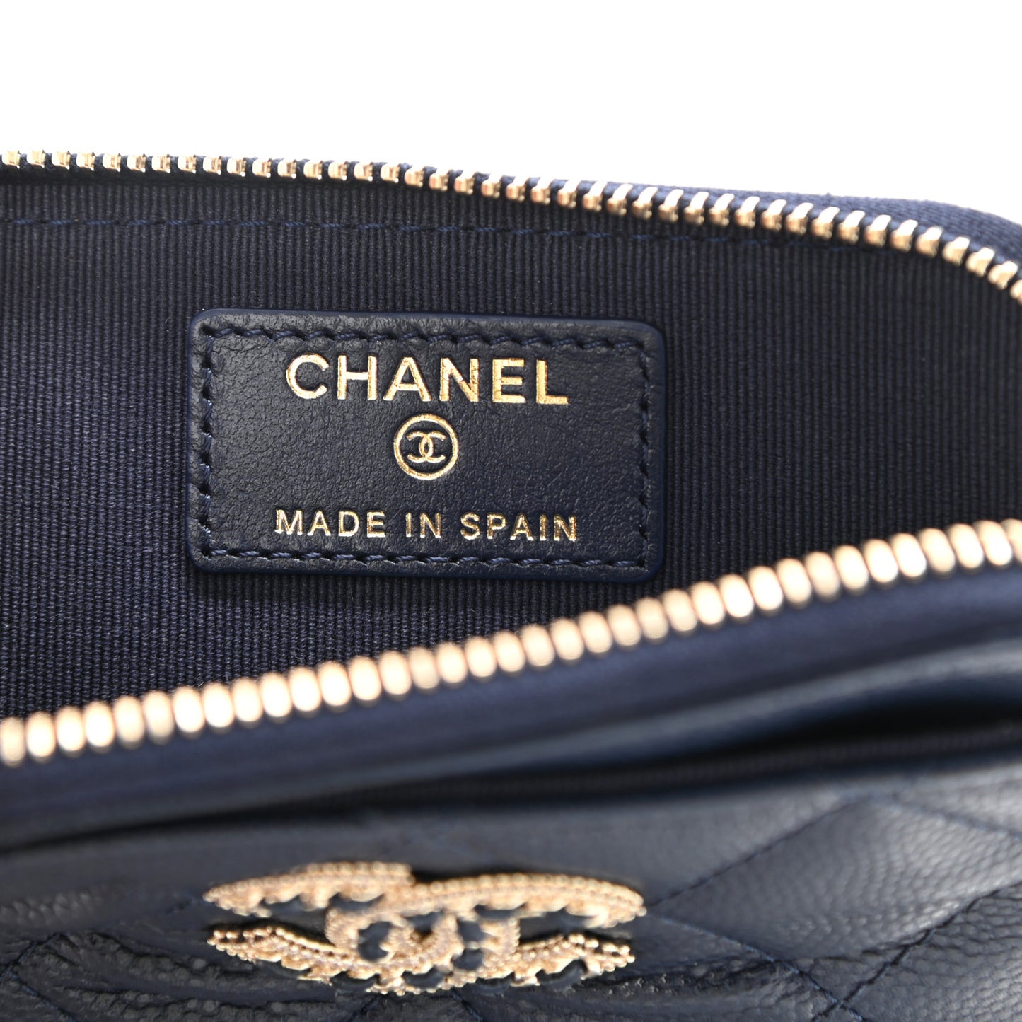 Caviar Quilted Crystal Zip Card Holder Wallet Navy