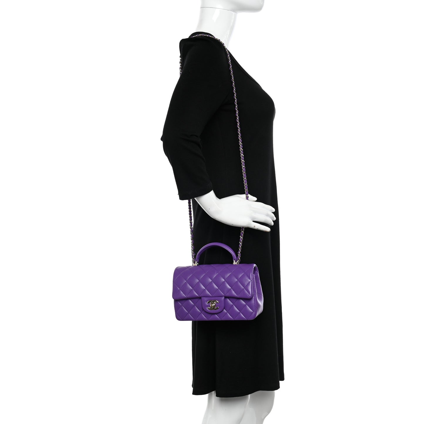 Lambskin Quilted Mini Top Handle Rectangular Flap Dark Purple