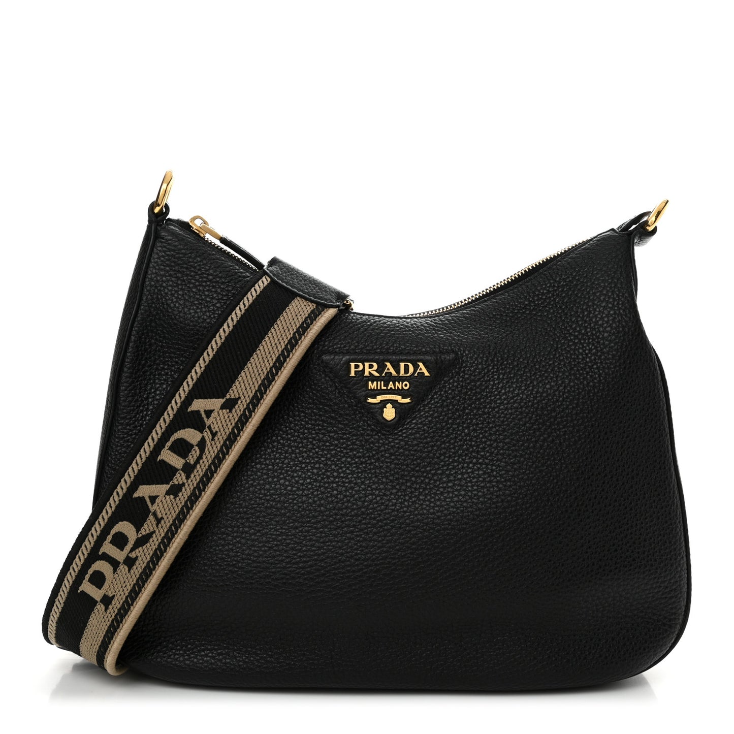 Vitello Daino Soft Zippered Hobo Shoulder Bag Black