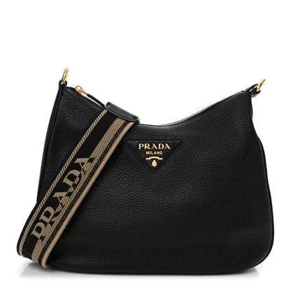 Prada Vitello Daino Soft Zippered Hobo Shoulder Bag Black 1 of 11